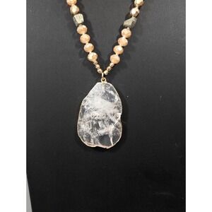 Long Natural Stone Pendant Necklace Gold Tone Beaded Chain Adjustable 30"